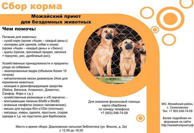 Ружане могут помочь кормами Можайскому приюту для животных