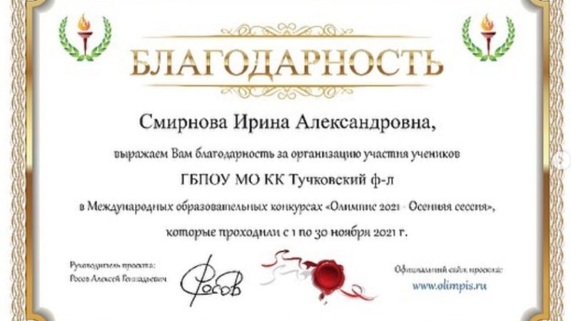 Тучковская студентка завоевала диплом Международного конкурса