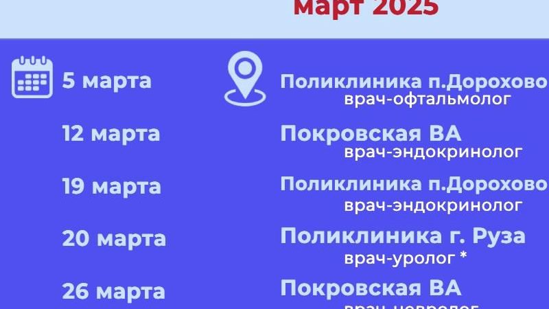 График выездов врачей по подразделениям Рузской больницы на март 2025 года