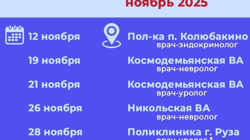 График выездов узких специалистов по подразделениям Рузской больницы на ноябрь 2025 года