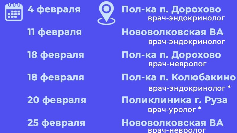 График выездов узких специалистов по подразделениям Рузской больницы на февраль