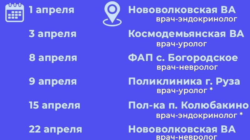 График выездов узких специалистов по подразделениям Рузской больницы на апрель