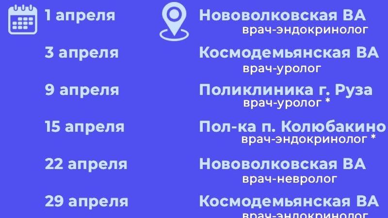График выездов узких специалистов по подразделениям Рузской больницы на апрель